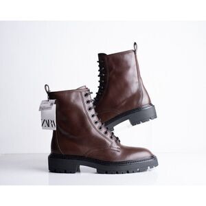 Zara Womens Leather Lace Up Combat Ankle Boots Brown US 10 EU 41 1131/310 NWT
